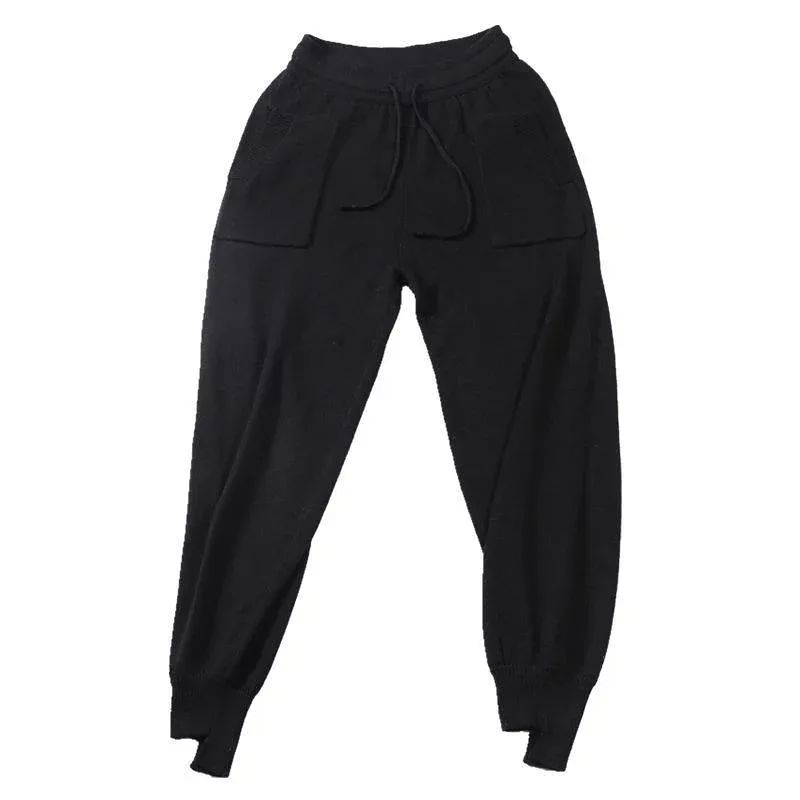 レディース ニットパンツ 高腰 ワイドレッグ ハーレムパンツ 韓国風 ルーズフィット 細脚 ロング丈 都市カジュアル 伸縮性 粘液繊維 ブラック ブルー 秋冬 普段使い 軽量 吸湿速乾 アウトドア対応