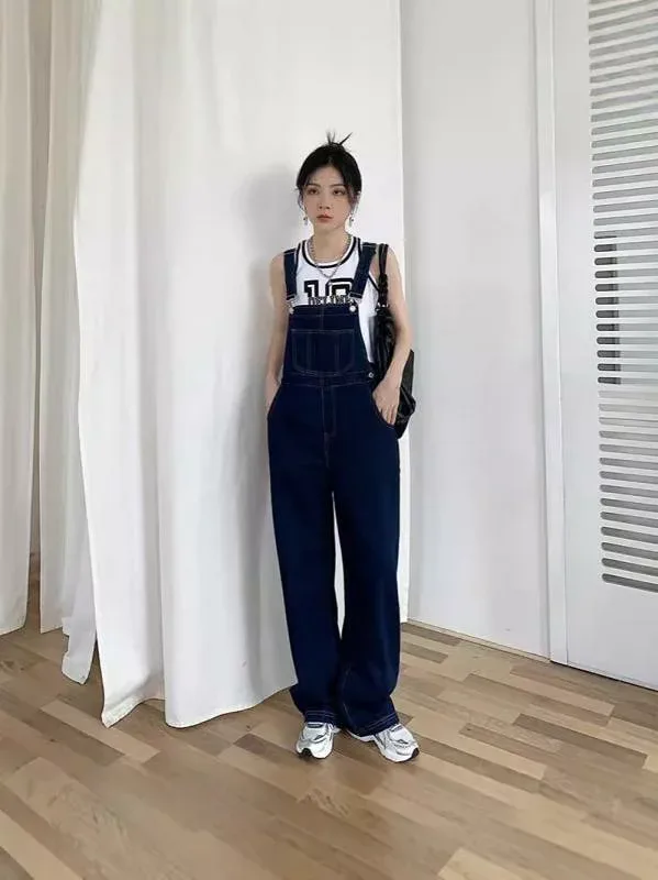 牛仔 背带パンツ 女性用 春夏 2025年 高腰 ワイドレッグ ゆったり スリム効果 綿混 ポリエステル 薄手 ポケット ロング丈 直筒 深ブルー デニム素材 軽量 普段使い カジュアルスタイル ゆったりシルエット