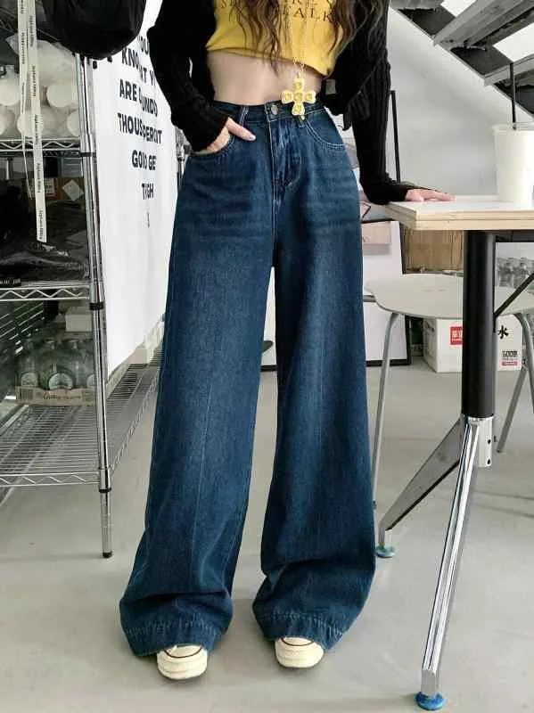 レディース デニムパンツ 秋 直筒 ワイドレッグ 高腰 スリム効果 ヒップカバー コットン ポリエステル 中厚 ポケット ロング丈 ブルー ストリートスタイル 洗い加工