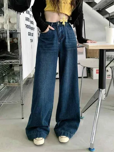 レディース デニムパンツ 秋 直筒 ワイドレッグ 高腰 スリム効果 ヒップカバー コットン ポリエステル 中厚 ポケット ロング丈 ブルー ストリートスタイル 洗い加工