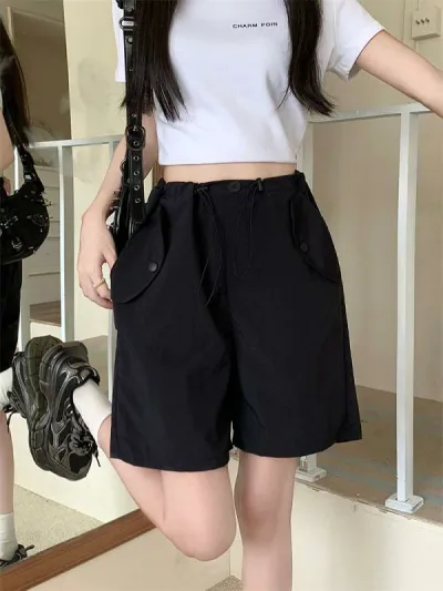 ショートパンツ レディース 高見え ワイドパンツ ハーフパンツ ポリエステル 灰色 黒 ピンク系 ゆったり 普段使い ストリート スポーティ 薄手 短パン