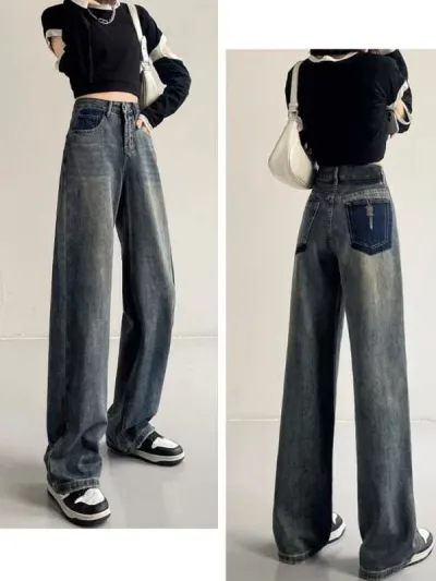 デニムパンツ レディース 春秋 ハイウエスト ワイドパンツ ストレートパンツ フルレングス ゆったり ストレート レトロ 小柄 ジーパン ズボン ボトムス