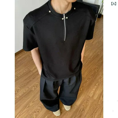 Tシャツ メンズ レディース 半袖 ボンディング素材 厚手 ハーフジップ 切り替え オーバーサイズ ビッグシルエット アメリカン カジュアル 春夏
