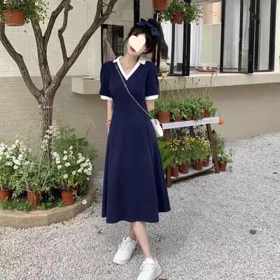 ワンピース レディース Vネック ハイウエスト Aライン ミモレ丈 ロングワンピース 半袖 パフスリーブ フレア スリム フィット 薄手 軽量 吸湿 通気性 カジュアル フォーマル フェミニン レトロ 上品 お呼ばれ デート 旅行 春夏