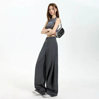 パンツ レディース スラックス 西装パンツ パンツ 長パンツ ロングパンツ ワイドパンツ テーパードパンツ ハイウエスト タック 褶皺 グレー 灰色 ボトムス ルーズ ゆったり 体型カバー カジュアル オフィス 通勤 通学