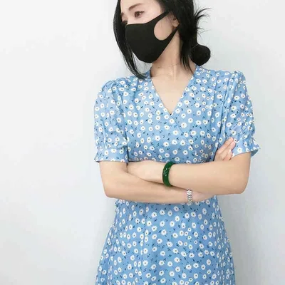 ワンピース レディース 春夏 ドレス 長袖 Vネック 花柄 膝丈 ロング丈 フレンチ スタイル フェミニン カジュアル レトロ ヴィンテージ風 エレガント 清楚 お出かけ デート 旅行 普段使い