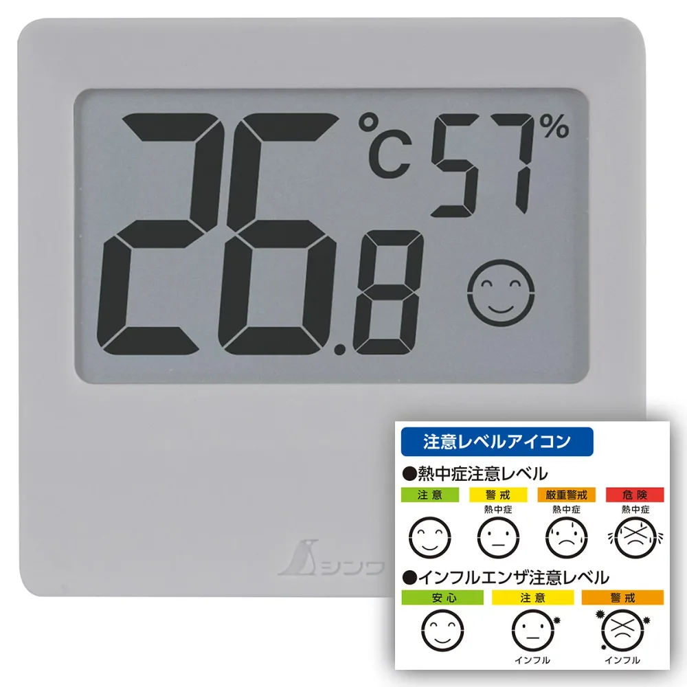 デジタル温湿度計 C スモールグレー 73397 シンワ測定 文字高26mm 温湿度計 注意レベルアイコン M2