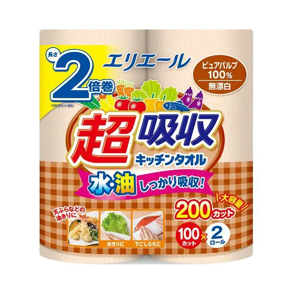 【送料無料】大王製紙エリエール 超吸収キッチンタオル 無漂白 100カット/ロール 1セット(48ロール:2ロール×24パック)