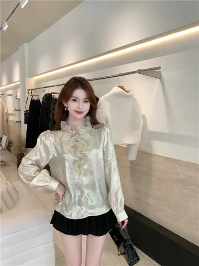 トップス シャツ ブラウス 長袖 フリル かわいい レディース【大きいサイズ レディース 秋冬 チュニック フォーマル オフィス ボウタイ シフォン シャツ インナー blouse】