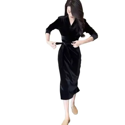 【カシュクール風】 ベルベット ワンピース ベロア ロングワンピ パーティードレス 長袖 Vネック ミモレ丈 リボン 着痩せ 体型カバー 細見え 結婚式 二次会 披露宴 お呼ばれ 20代 30代 40代 フォーマル パーティー デート 同窓会 演奏会 発表会 秋冬 ブラック きれいめ