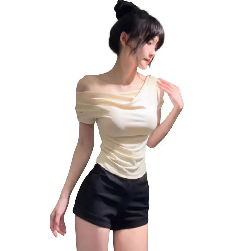 【華奢魅せアシメ】カットソー レディース トップス Tシャツ 半袖 プルオーバー シャツ ワンショル オフショル アシンメトリー アシメ ドレープ シャーリング ギャザー タイト スリム フィット ストレッチ 伸縮性 もっちり 着痩せ 細見え 体型カバー