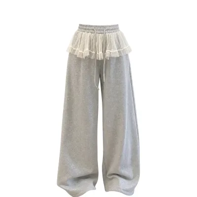 【レイヤード風】スウェットパンツ レディース チュール フリル ワイドパンツ 重ね着風 ズボン ボトムス ジャージ ルームウェア 部屋着 ウエストゴム ドロスト ハイウエスト ゆったり 体型カバー 着痩せ 脚長 美脚 楽ちん カジュアル 夏 秋