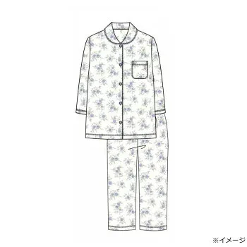 ギャルソンヌ レディスパジャマ ブライトストライプ 中花柄シャツ 7分袖 サックス 161596 Mサイズ