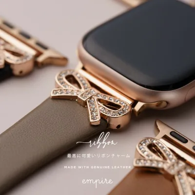 アップルウォッチ バンド レディース リボン チャーム apple watch ベルト キラキラ ゴールド レザー 本革 可愛い 女性 おしゃれ アップルウォッチ se3 38 40 41 42 44 45 46 49 ブランド empire
