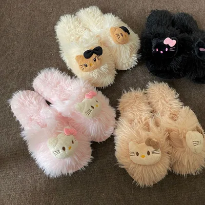 かわいいい毛羽立ちのキティちゃん部屋のモップスリッパー1文字で引かず女性の外に保温滑りり止の平生地綿スリッポン履き