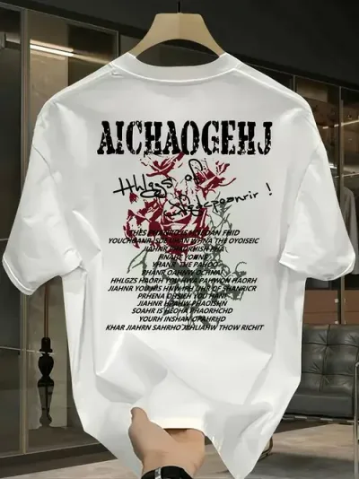 200gの白Tシャツに黒文字、赤と緑のグラフィックと英語をふんだんに使用。着心地と通気性に優れたピュア・コットンを使用し、ゆったりとしたフィットで男女兼用。