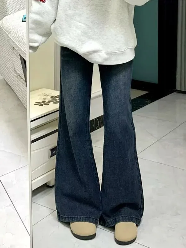 レディース デニムパンツ コットン ミディアム厚 微弾性 高腰 長丈 微喇型 切り替え ポケット ヴィンテージブルー 気質 通勤 スレンダー 微胖対応 ハイウエスト フレアパンツ 春夏 ビジネスカジュアル 軽量 伸縮性 普段使い 洗練シルエット スリムラ