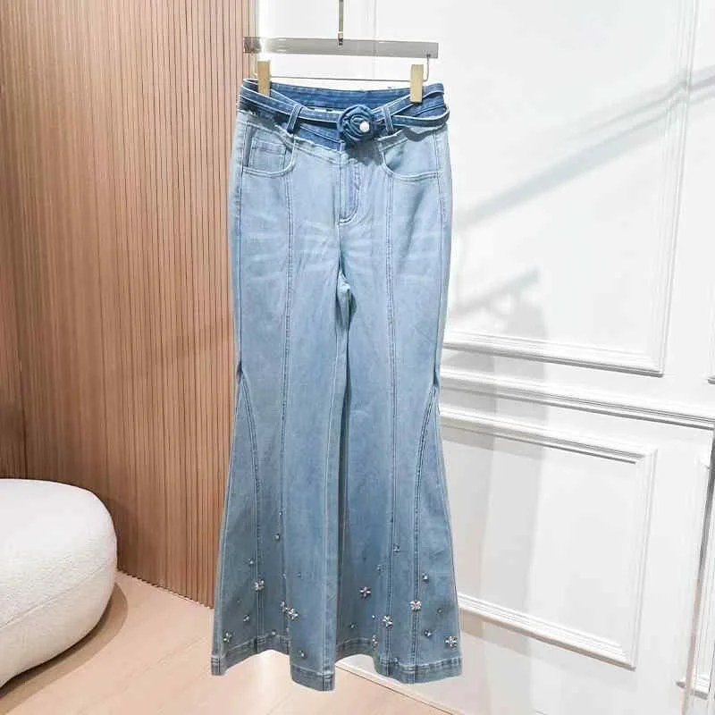 レディース デニムパンツ ハイウエスト 微喇 修身 気質 通勤風 伸縮性 ミディアム厚 ブルー ロング丈 軽量 切り替え デザイン スリムフィット 女性用 ジーンズ ボトムス 春夏