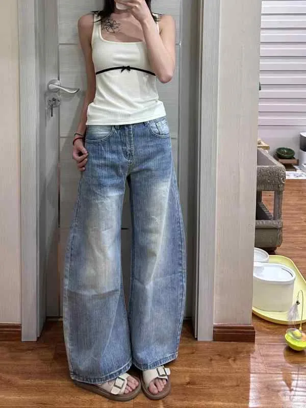 デニムパンツ 女性用 夏 春夏 韓国風 ゆったり ワイドレッグ 長ズボン ハイウエスト 洗いざらし加工 中厚 綿素材 ブルー 直筒 無弾力 デニム生地 日常使い カジュアル ビッグシルエット 通勤対応 軽量 吸湿速乾 デイリーコーデ ストリートスタイル