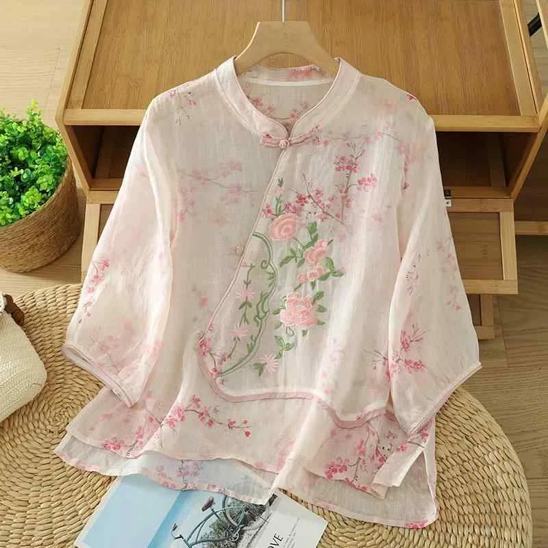 レディース シャツ トップス 麻 綿麻 刺繍 印花 民族風 復古 チャイナ 七分袖 立領 ボタン ワイドシルエット 普通丈 ピンク 花柄 夏 春夏 気質 優雅 日常 外出(x3)