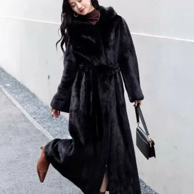 ファーコート レディース 冬服 アウター ジャケット フェイクファー エコファー ロング丈 膝丈 フード付き ベルト付き ゆっタリ オーバーサイズ 高級感 防寒着