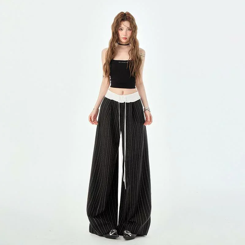 パンツ レディース ワイドパンツ ストレート ストライプ ドローストリング 薄手 美脚 ゆったり カジュアル ストリート系
