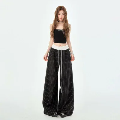 パンツ レディース ワイドパンツ ストレート ストライプ ドローストリング 薄手 美脚 ゆったり カジュアル ストリート系
