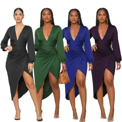 One Piece Women's Long Sleeve V Neck Waist Mark Irregular Hem Sexy Tight Western Style