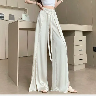 ワイドパンツ レディース サテン 接触 夏 サマー ハイウエスト スリット ロングパンツ パンツ ゆったり 高級感 体型カバー 薄手 無地 楽ちん リラックス ボトムス カジュアル きれいめ おしゃれ オフィス 通勤 旅行