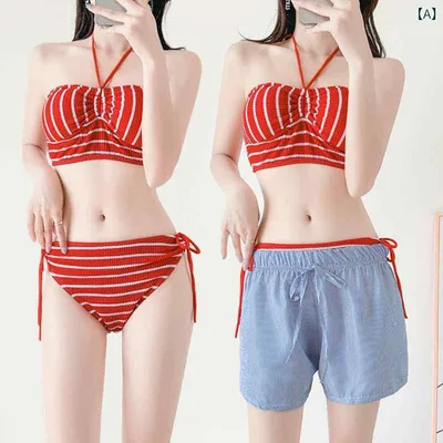 水着 ビキニ レディース セパレート 体型カバー ストライプ柄 ボーダー 3点セット ショートパンツ 半袖シャツ カジュアル ゆるカジ スリーピース 温泉 プール ビーチ 海 リゾート スイムウェア 普段使い 日焼け対策