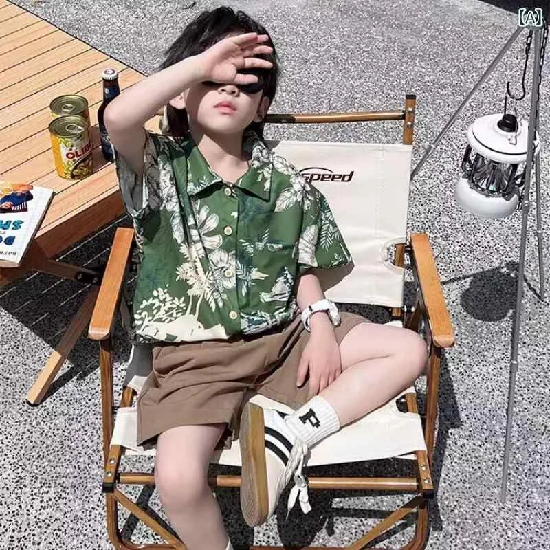 シャツ キッズ 男の子 半袖 サマー トップス 薄手 羽織り 綿 リゾート 旅行 お出かけ グリーン 緑 夏 カジュアル インフルエンサー おしゃれ かわいい 80 90 100 110