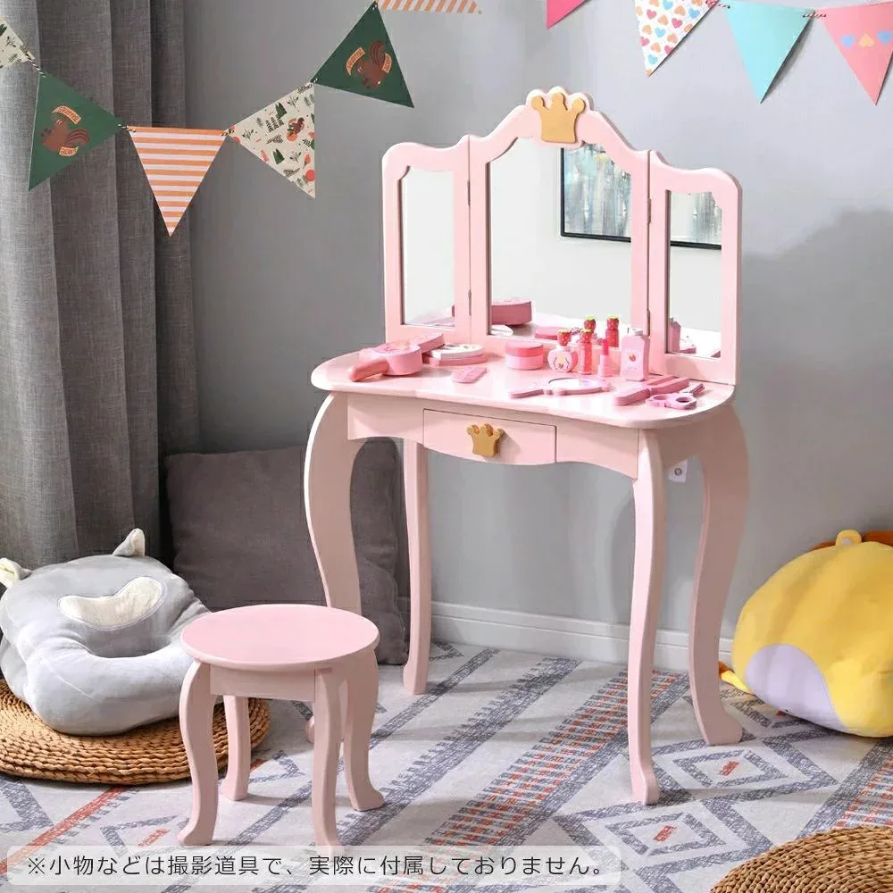 木製おままごとドレッサー 子供用 スツール付き 引き出し ミラー メイク台 知育玩具 女の子用