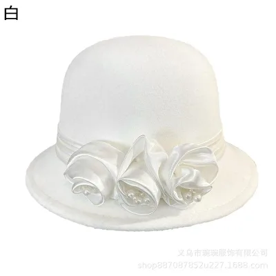 Bowler Hat, Flower Decoration, Women's Hat, Dress Coordination, Autumn, Winter, Women's Hat, Senior, Windproof, Heat Retention, Sunshade Effect, England, Western Style, Luxury, Elegant, 40-60's, Mother, Party, Drinking Party, Going Out, Stylish, 56-58cm