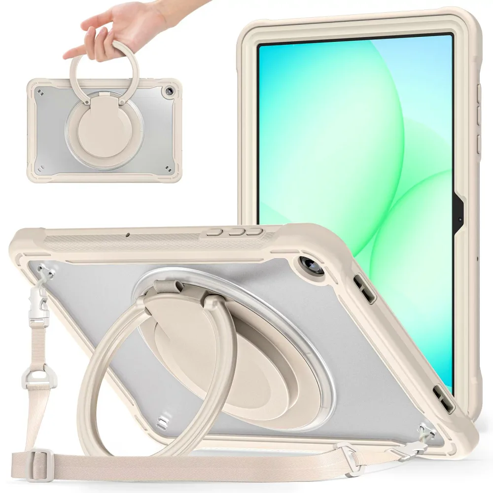 GOOVEN 2025 Galaxy Tab A11+/A11 Plus 11インチ用の ケース 肩掛けハンドル付き戸外用 360度回転式リング 横置き 縦置きスタンド機能 タブレットカバー 耐衝撃 キッズ 頑丈 ショルダーベルト,カーキ