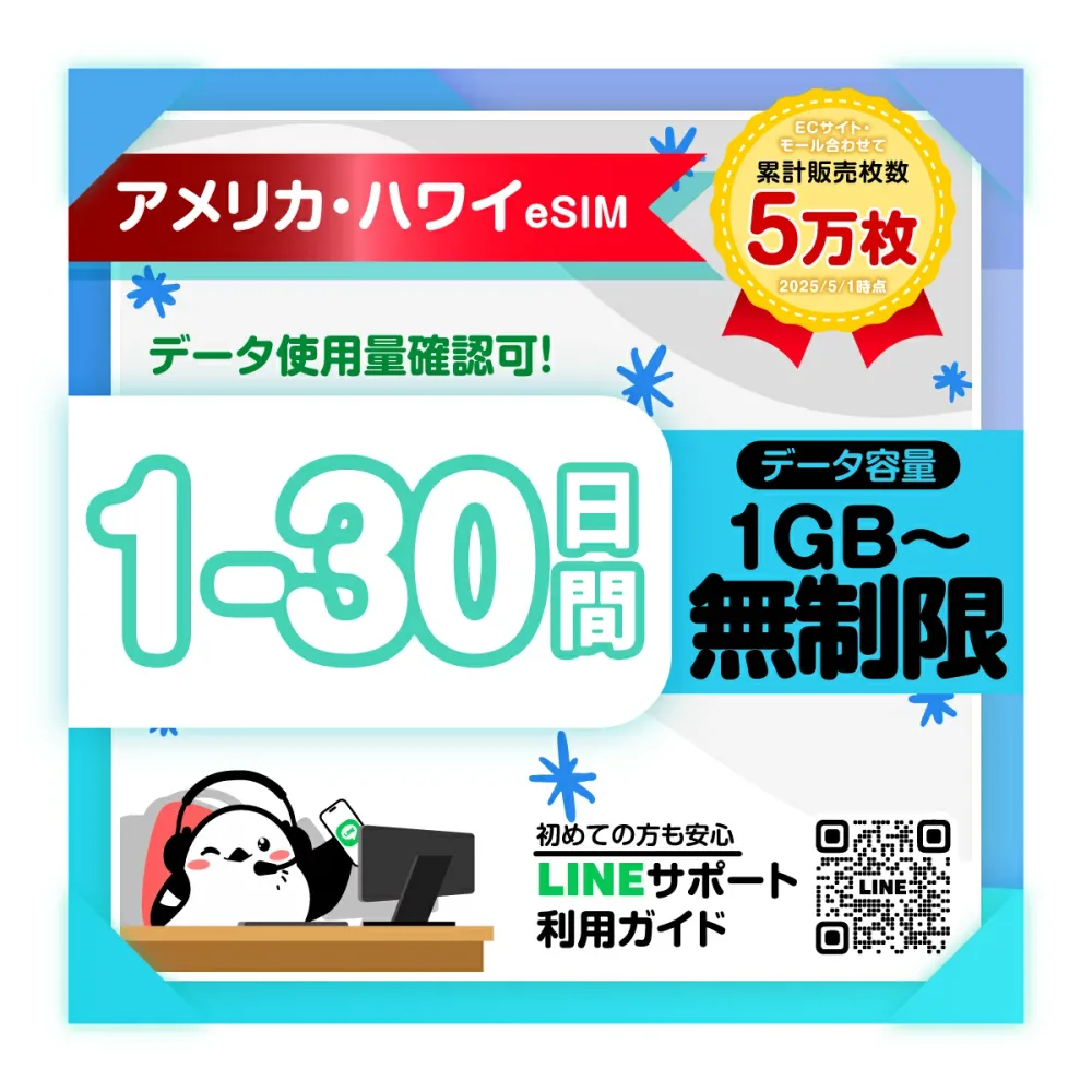 【アメリカeSIM ハワイeSIM】1日間 2日間 3日間 4日間 5日間-30日間プラン|AT&T|高速データ1日あたり500MB/1GB/2GB/無制限 プラン選べる|即日発行|サポート対応|QRコード簡単設定|旅行・出張|プリペイドeSIM|有効期限90日