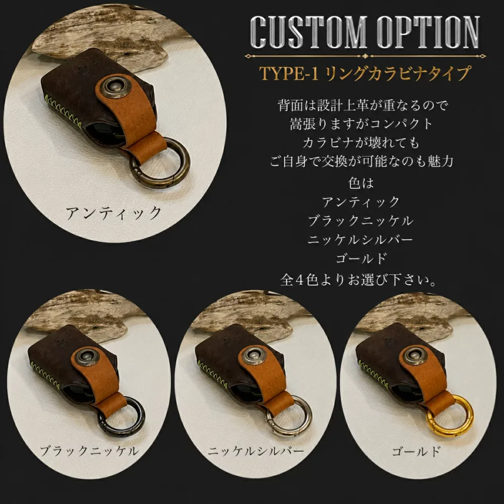 スマートキーケース用カスタムパーツ(オプション品)タイプ1になります。リングカラビナバージョン(本体注文時に取り付け可能商品に付き、発送後の購入は出来ません!)