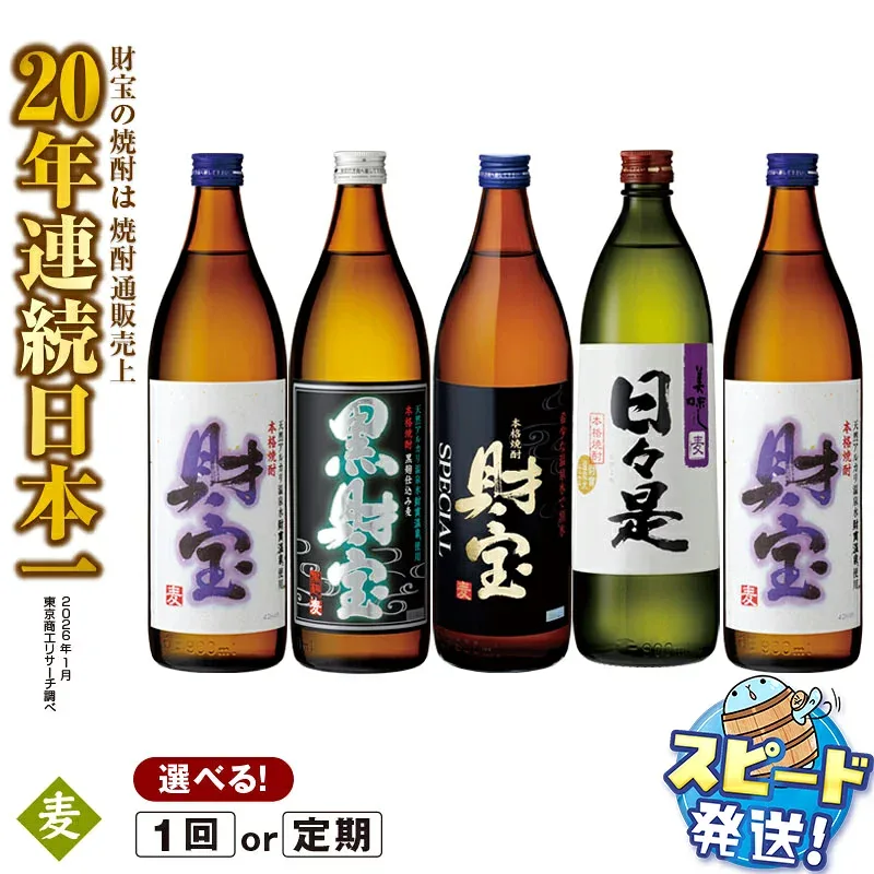 【ふるさと納税】高評価★4.82【配送方法が選べる】【麦焼酎】 飲み比べセット 5合瓶 4種5本セット (通常便:5本 /定期便:5本×3・6回・計15~30本) 焼酎 900ml アルコール 25度 天然アルカリ温泉水 財寶温泉 割水 使用 ギフト 贈り物 お酒 すぐ届く【財宝】