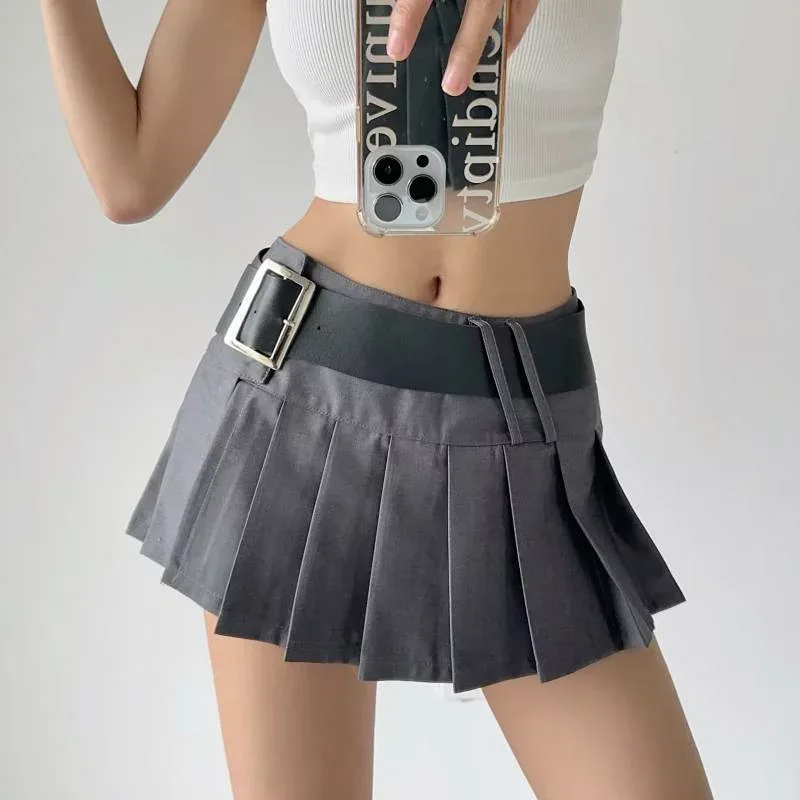 レディース ミニスカート プリーツ 低腰 ワイドベルト 学院風 セクシー サイドスリット Aライン カジュアル ストリートファッション ガーリー ショート丈 女性用 膝上丈