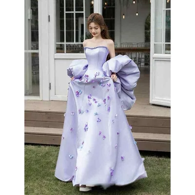 レディース ストラップレス パーティードレス プリンセススカート イブニングガウン 高級感 ロング丈 誕生日パーティー 成人式 婚約式 フォーマルドレス 司会用 軽量素材 伸縮性