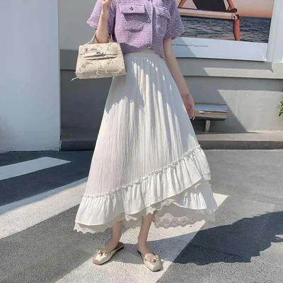 レディース スカート 不規則 フリル 水溶 レース 中長丈 ミディ かわいい 小柄 対応 合わせやすい 普段使い 軽量 透け感 甘め スタイル 女性 向け 柔らかい 素材