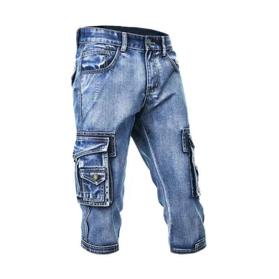 デニムパンツ メンズ 夏用 薄手 伸縮性 多ポケット カーゴ 5分丈 7分丈 スリムフィット カジュアル ジーンズ ショーツ クロップド 軽量 普段使い