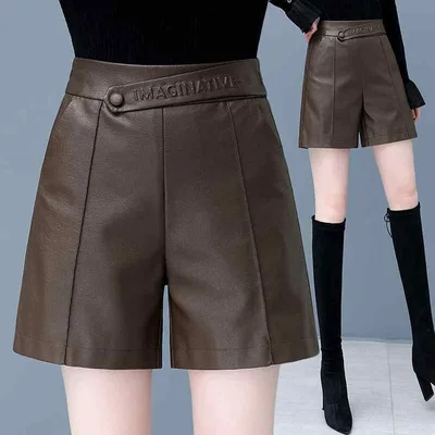 レディース レザー ショートパンツ 秋冬 ブラウン ハイウエスト ワイドレッグ Aライン カジュアル スリム ファッション ボトムス 普段使い 軽量 伸縮性