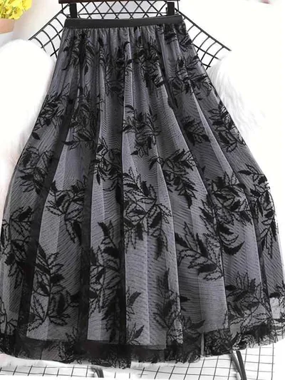 スカート レディース 秋冬 ホワイト チュール Aライン ミッドロング フレア 小花柄 起毛プリント 軽量 透け感 女性用 普段使い ロング丈 ミディ丈 ワイドシルエット 花柄 網目素材 ベルベット調 柔らかい フェミニン