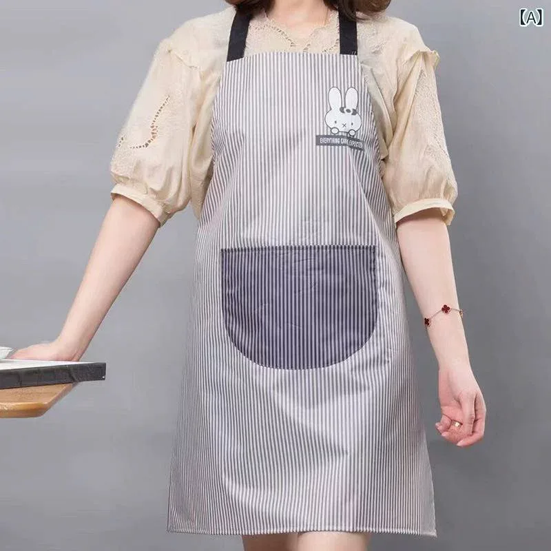 エプロン レディース ストライプ 防水 防油 キッチン用 家庭用 ウサギモチーフ 作業着 料理 飲食 かわいい