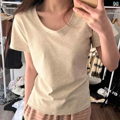 Tシャツ レディース 夏用 短袖 Uネック コットン 素材 スリムフィット ベーシック トップス カジュアル 普段使い 吸湿速乾 軽量 快適