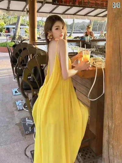 レディース 夏 ワンピース ビーチ リゾート セクシー バックレス ストラップ Aライン ロングドレス フィット ソフトイエロー 軽量 伸縮性 吸湿速乾