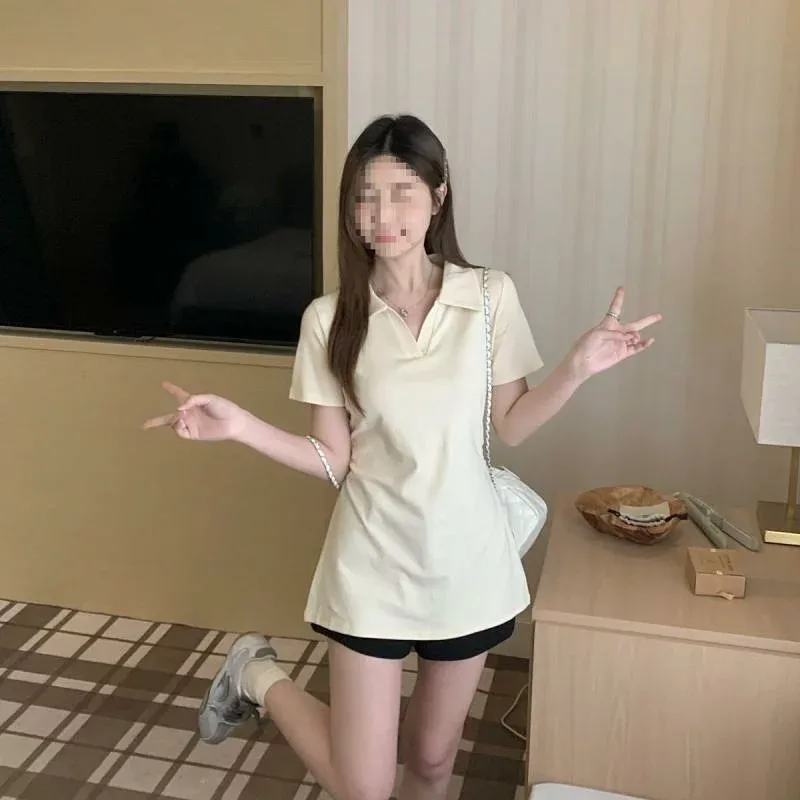 Tシャツ レディース ライトピンク Vネック 短袖 夏用 ウエストシェイプ スリム ヒップカバー 中長丈 カジュアル トップス コットン 伸縮性 軽量 日常使い