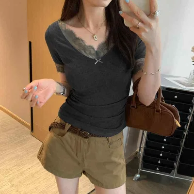 レディース 夏用 Tシャツ Vネック 白 レース縁 短袖 収腰 セクシー デザイン ゆったりシルエット トップス 普段使い 軽量 伸縮性 綿素材 ビッグシルエット