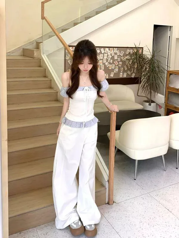 トップス レディース オフショルダー ショートスリーブ ポルカドット柄 コントラストカラー バレエ風 ウエストイン スリムフィット 夏用 ショート丈 カジュアル 普段使い