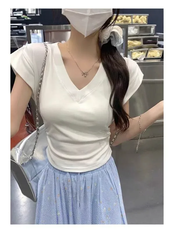 レディース Tシャツ 夏用 グレー プリーツ パフスリーブ ショート丈 ウエストシェイプ スリムフィット 低身長対応 吸湿速乾 軽量 トップス